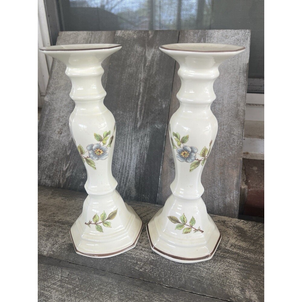 SANGOSTONE JAPAN SIGNED  SANGO 10 1/8” (2) CANDLESTICKS APPLE BLOSSOM PAIR Vtg
